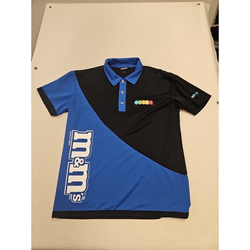 Bishop M&M's Racing Polo Shirt Mens‎ Small Blue Black Colorblock Graphic Logo